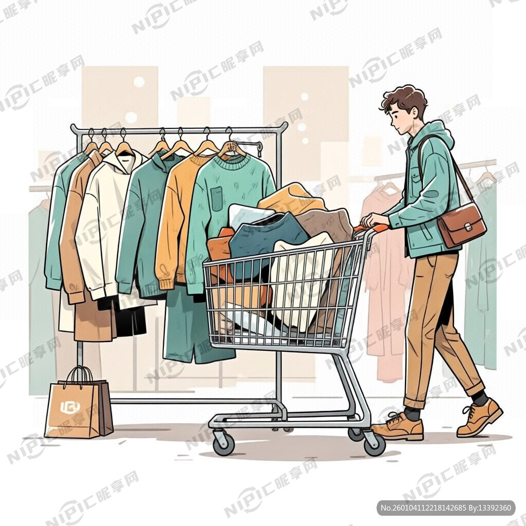 插画要男装购物一个男生推购物车