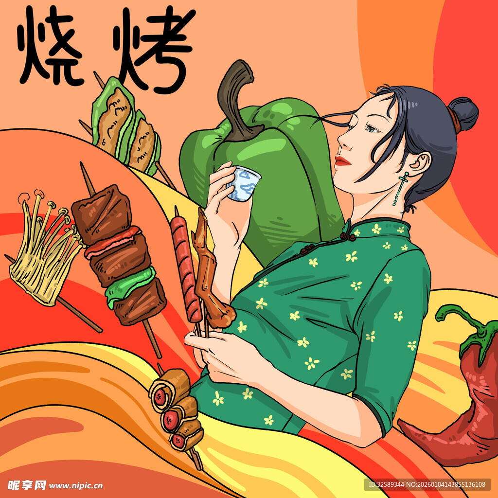 女子惬意享受美味烧烤