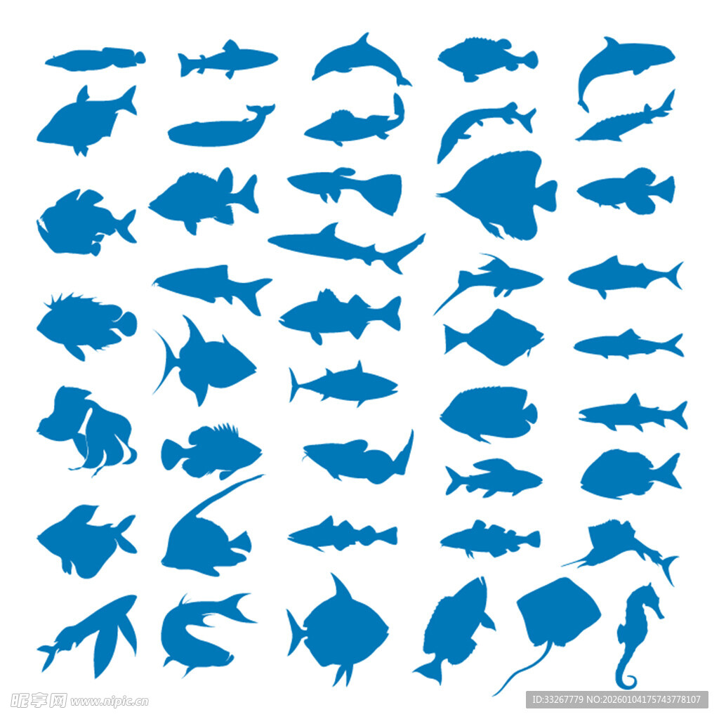 蓝色鱼类剪影集合
