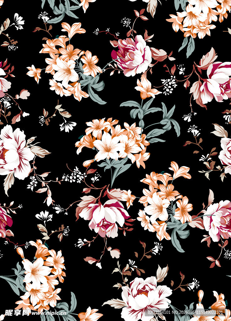 黑色底花卉图案布料