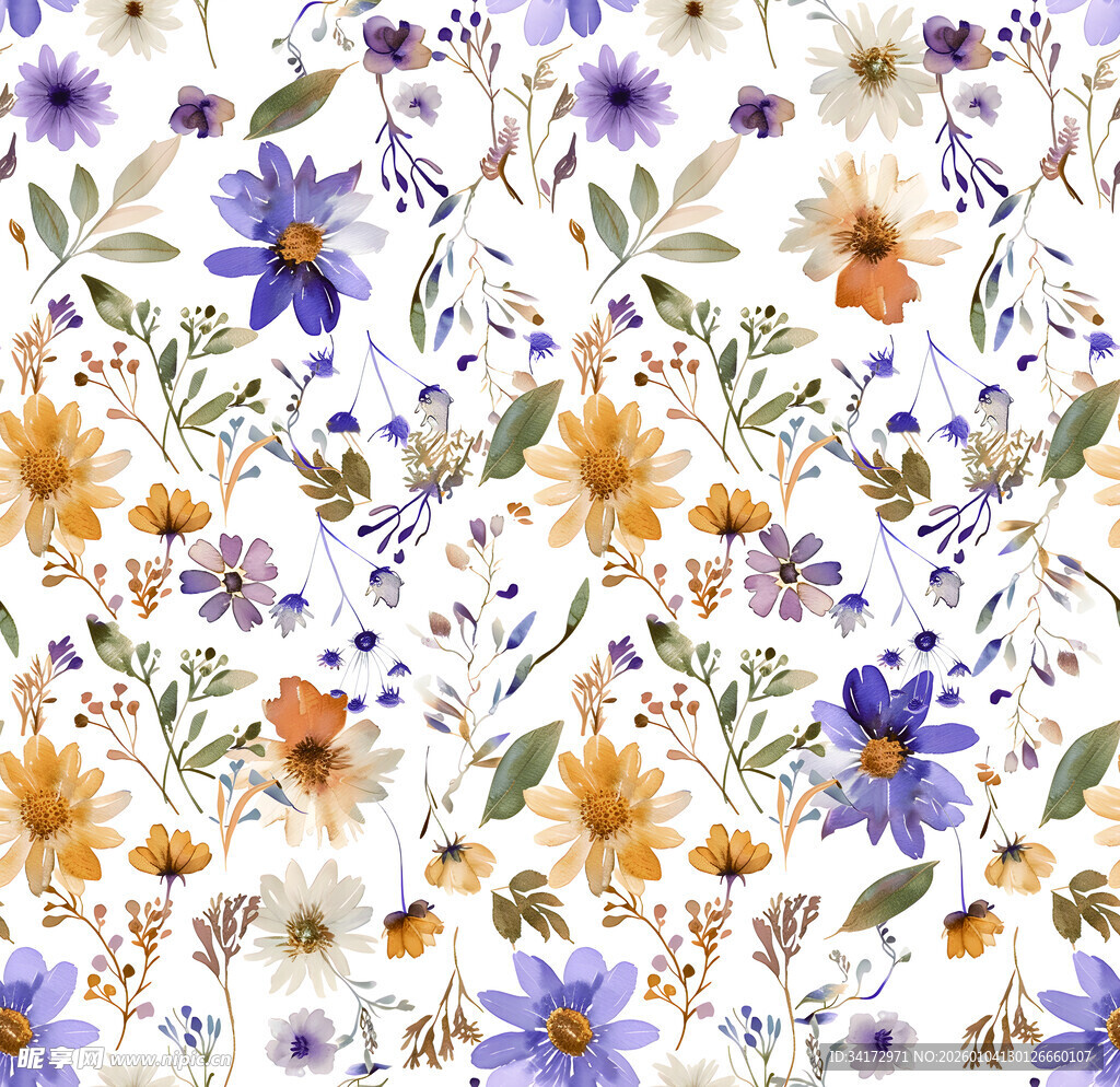 水彩风小野花无缝图案