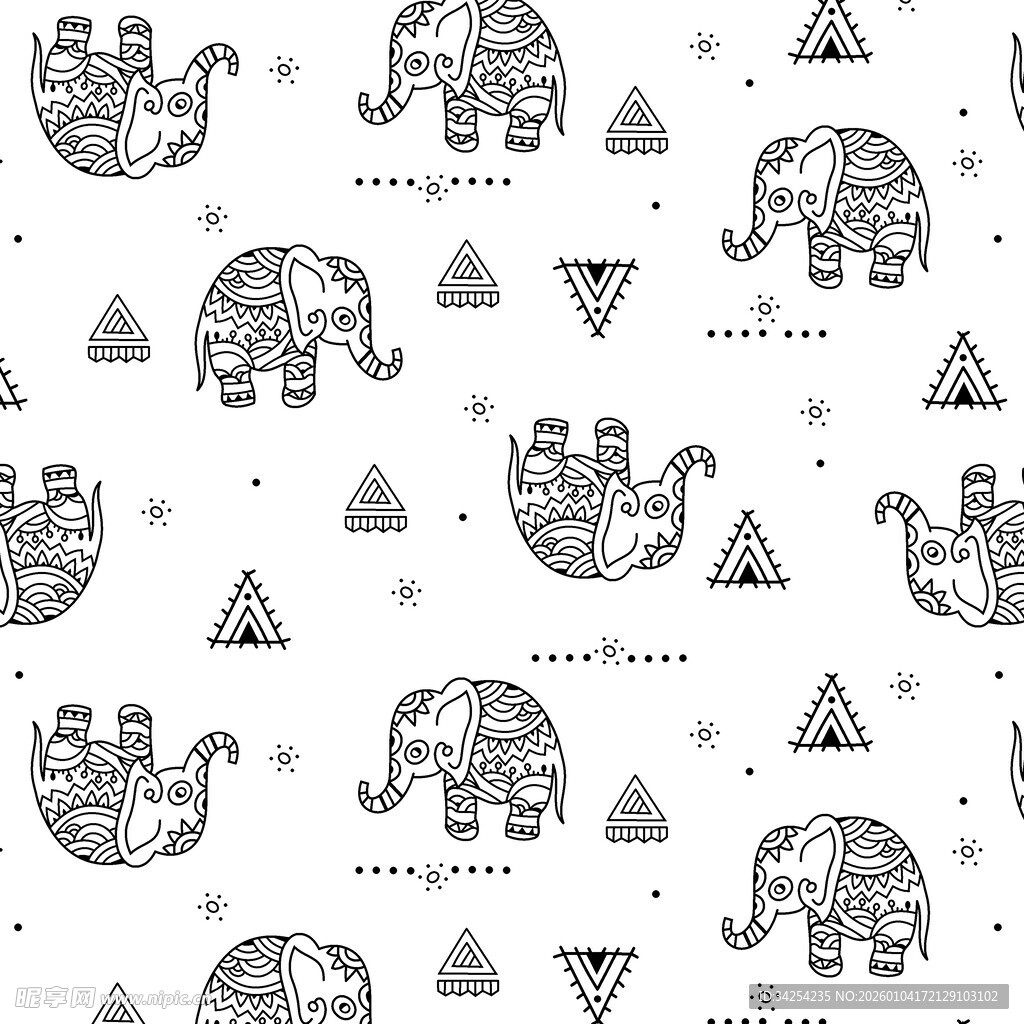 大象几何图案无缝背景图