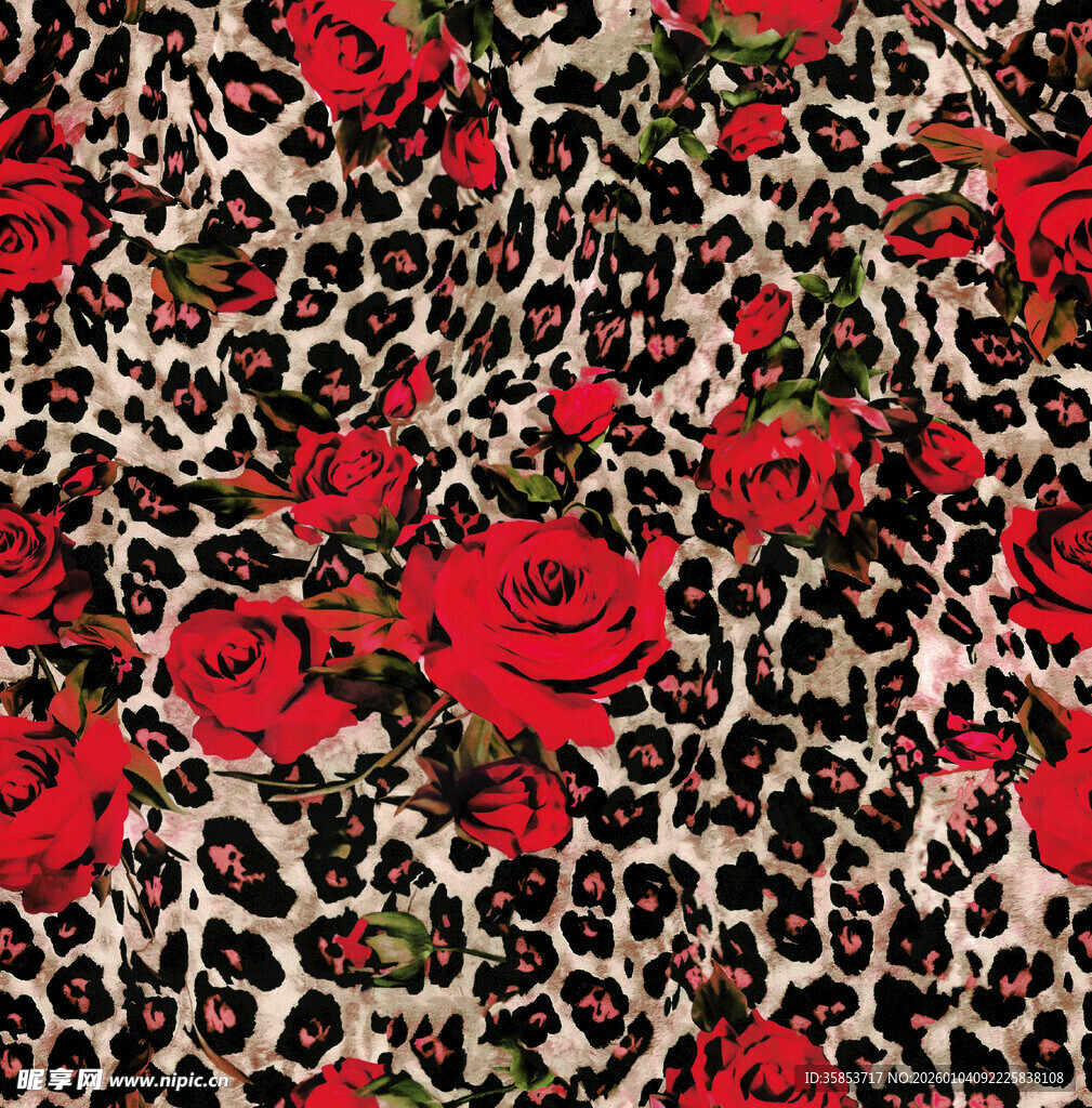 豹纹底红玫瑰印花图案