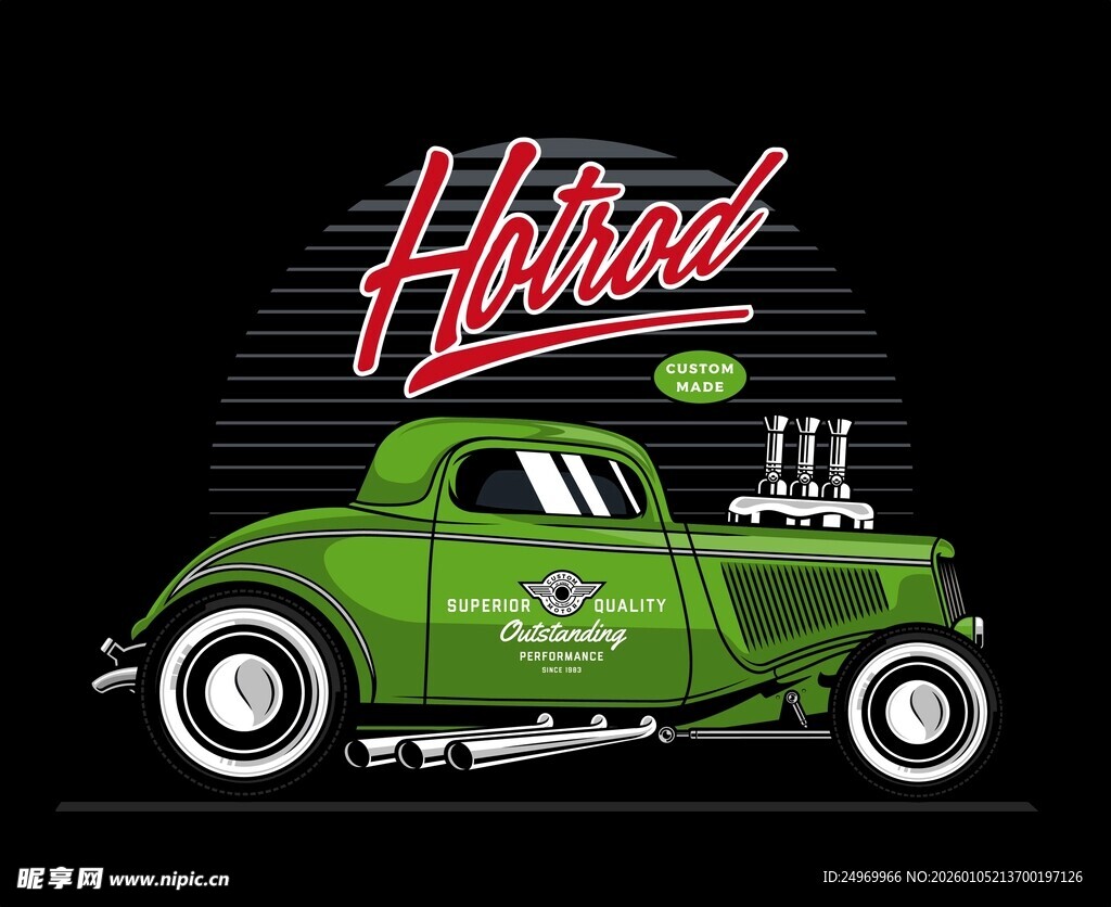 复古绿色Hotrod汽车插画