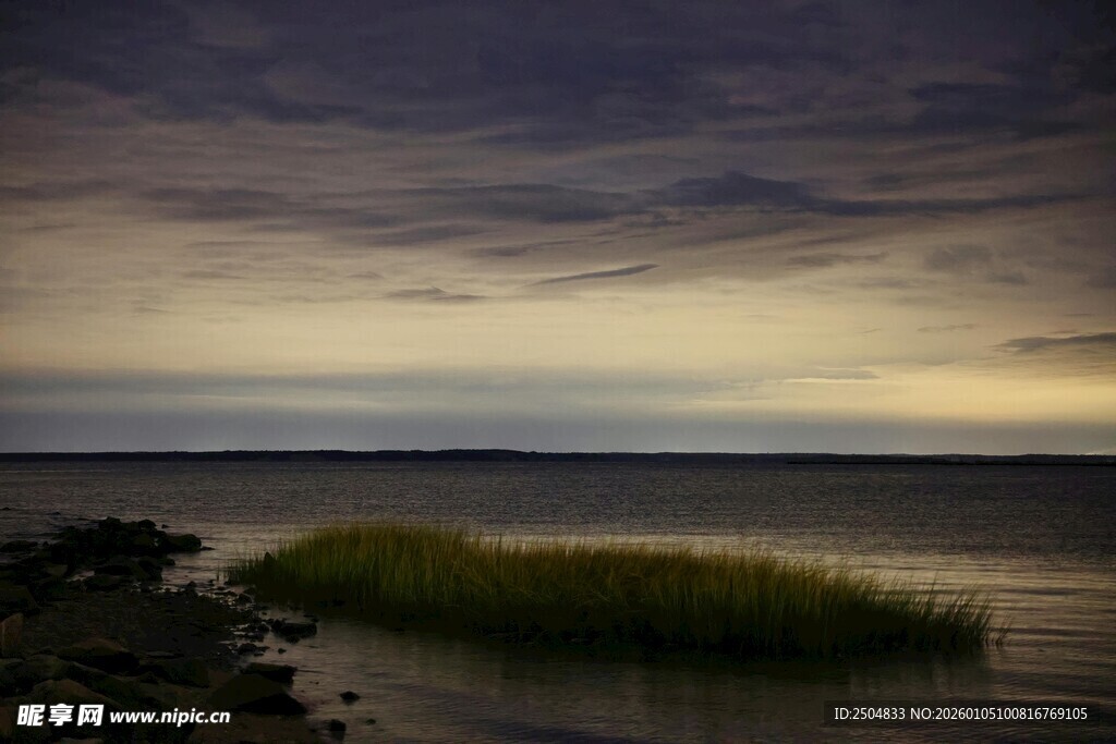 黄昏下的静谧海滨湿地