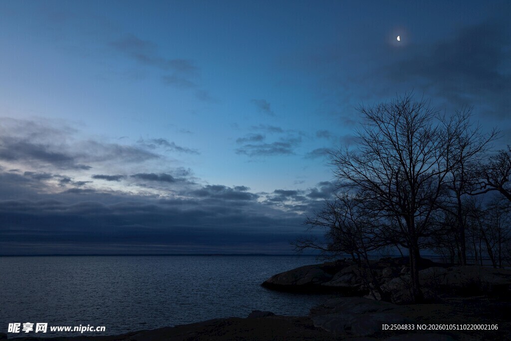 湖畔月夜静谧风景