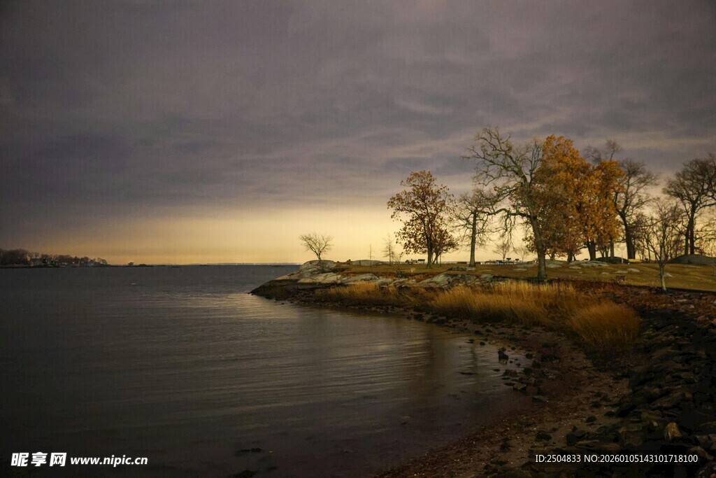 黄昏湖畔树木风景图