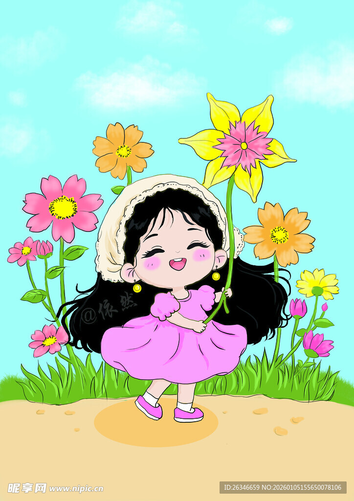 花丛中微笑的紫衣小女孩