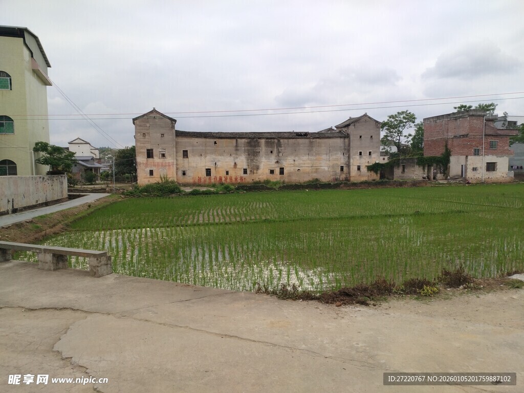 乡村田野边的老旧建筑群