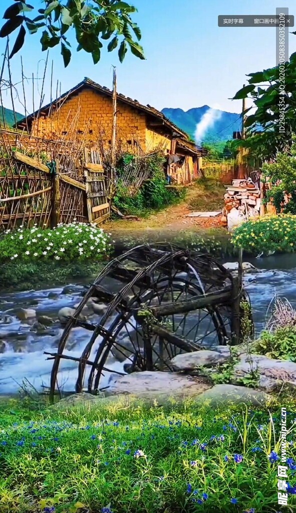乡村溪边的古朴水车景观