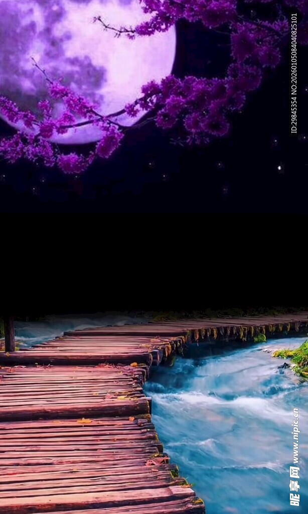 梦幻月夜木桥水景图