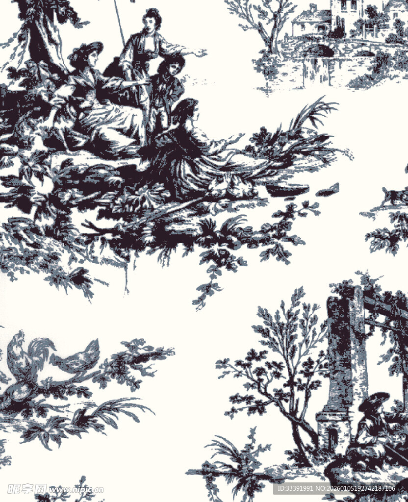 古典蓝白植物动物图案