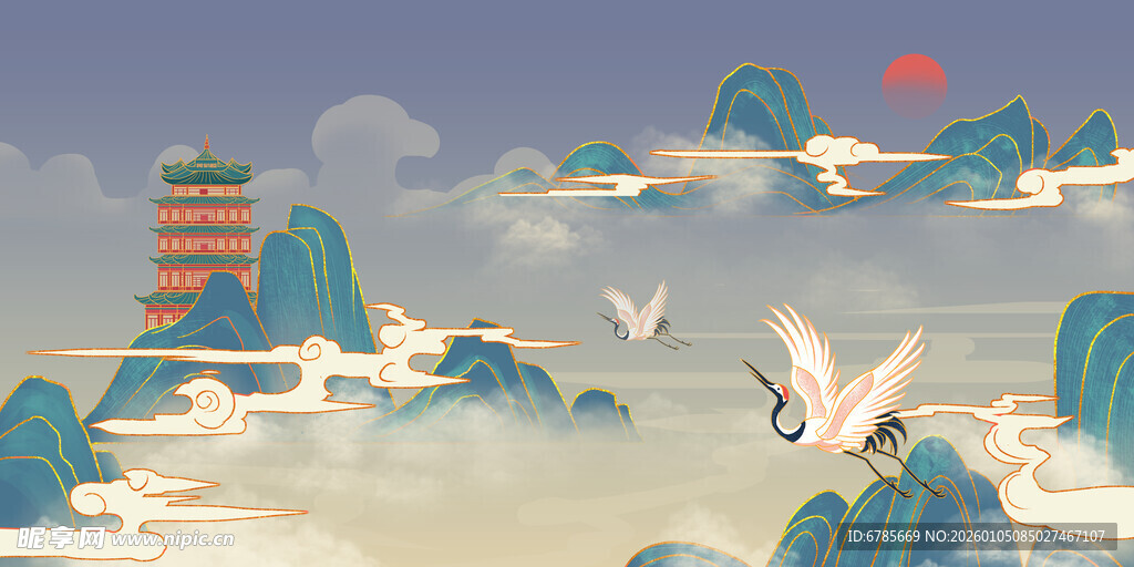 中式山水间白鹤翱翔图