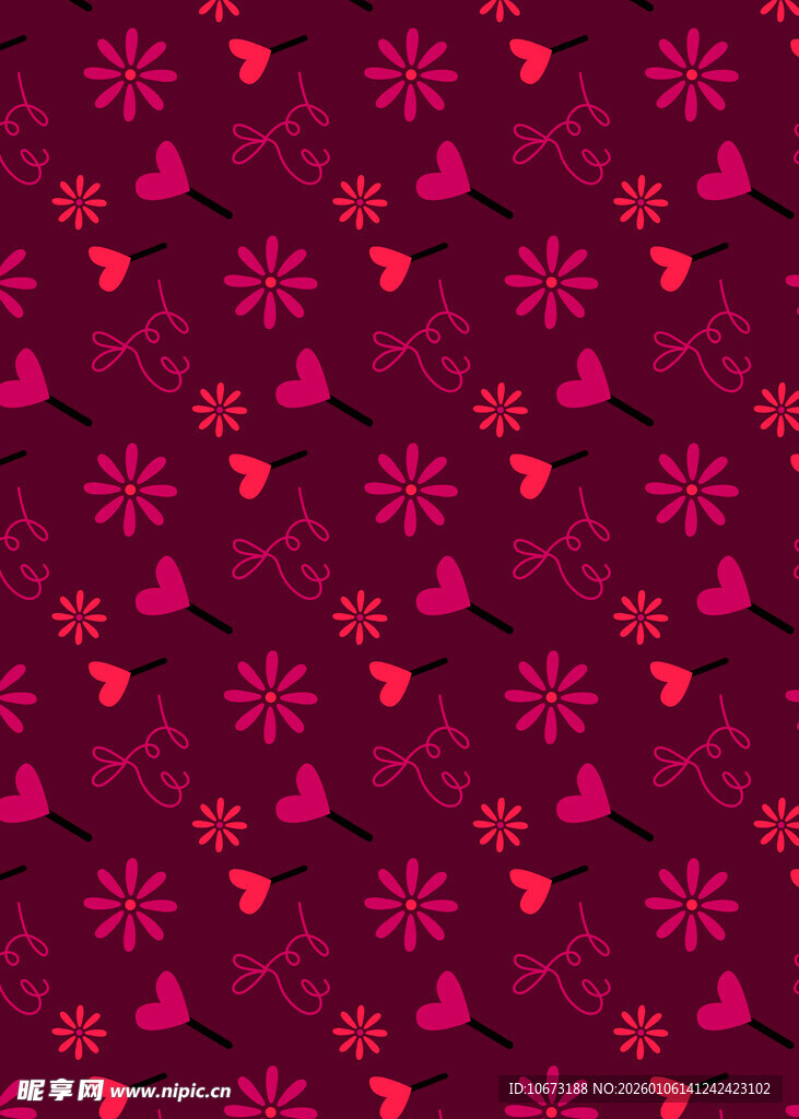 玫红色爱心雪花图案背景