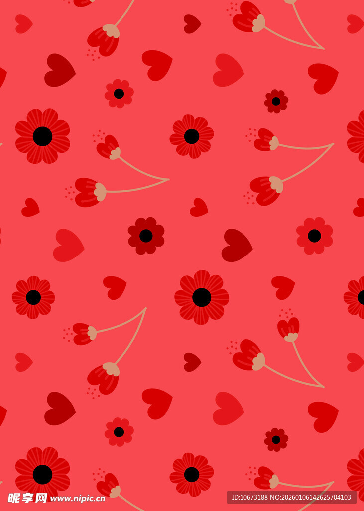 红色花卉爱心图案背景