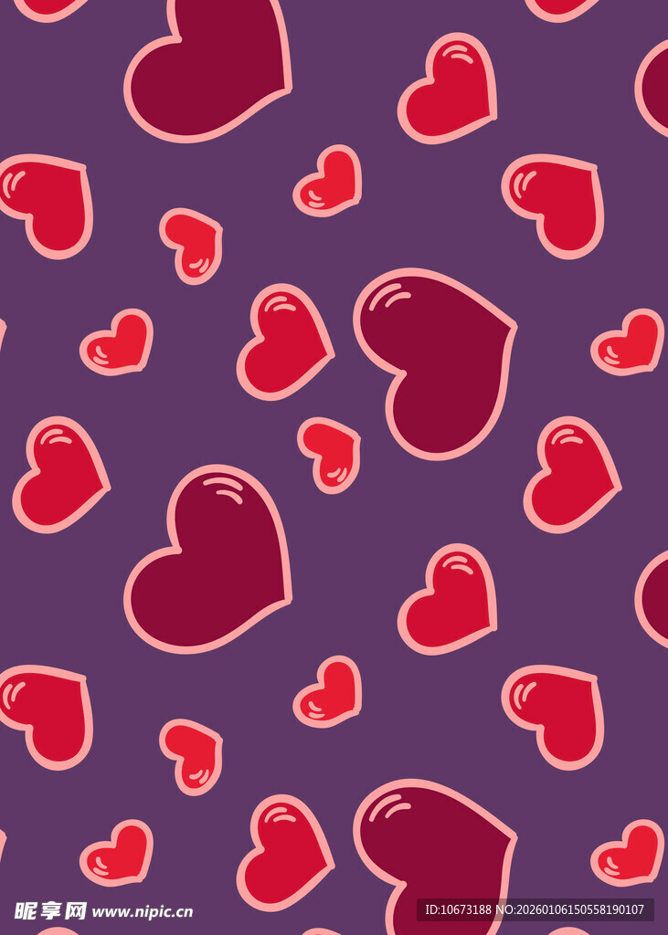 紫色背景上的多彩爱心图案