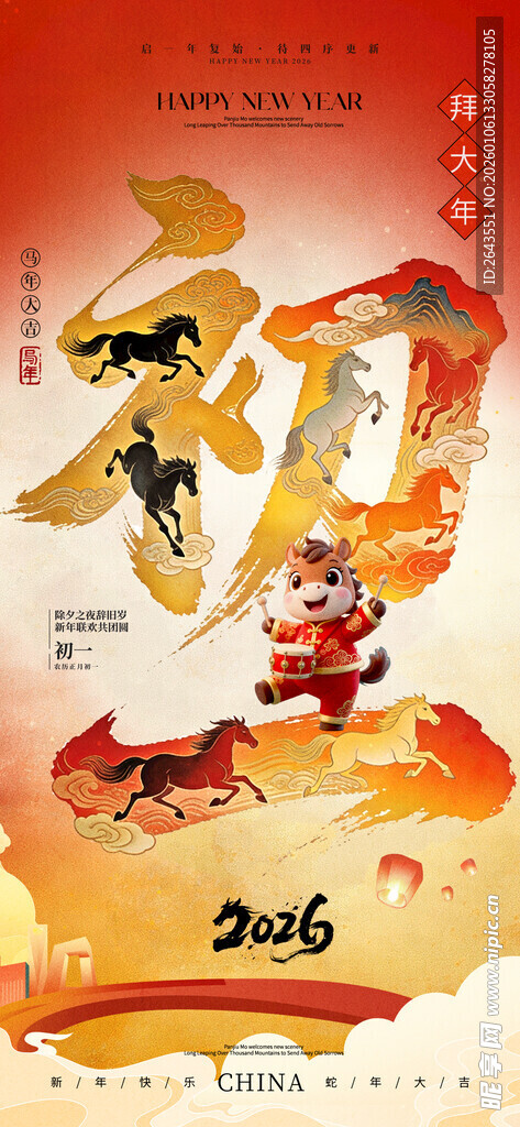 马年春节新年初一祝福海报