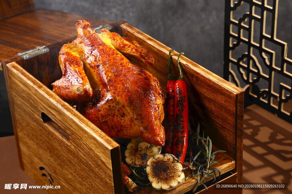 木盒盛装的美味烤鸡