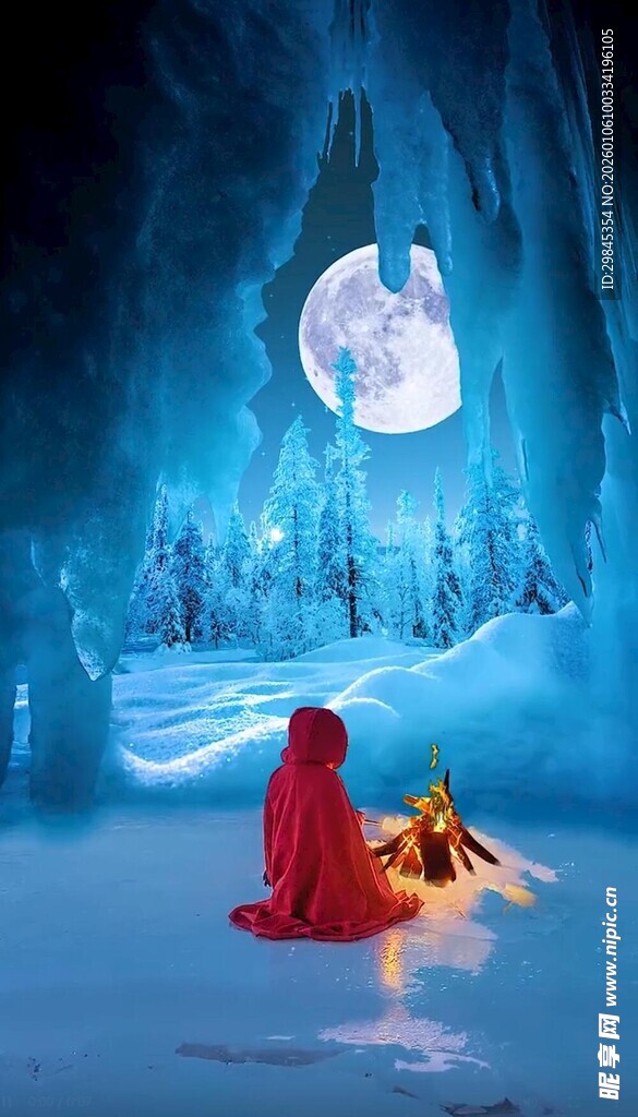 雪地中红衣人仰望明月