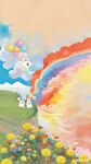 线条小狗彩虹下的花草与云朵