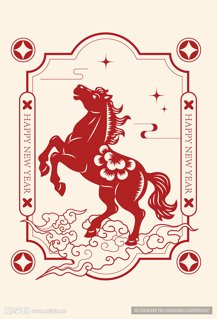 传统剪纸风奔腾骏马图