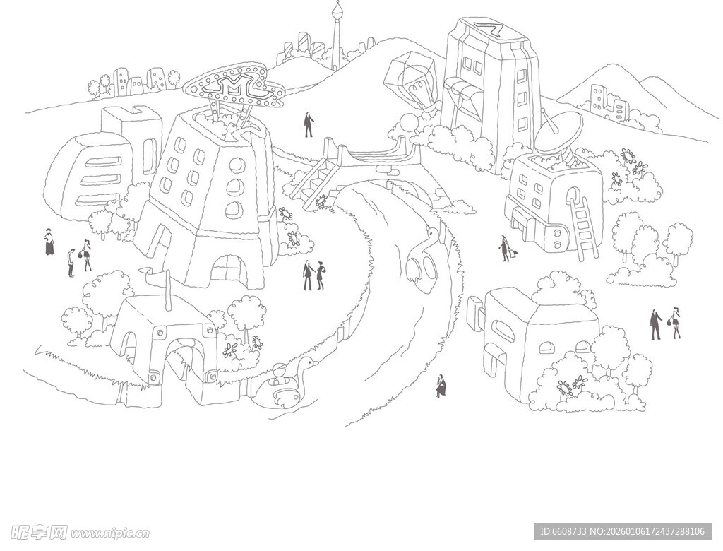 手绘城市景观线稿图