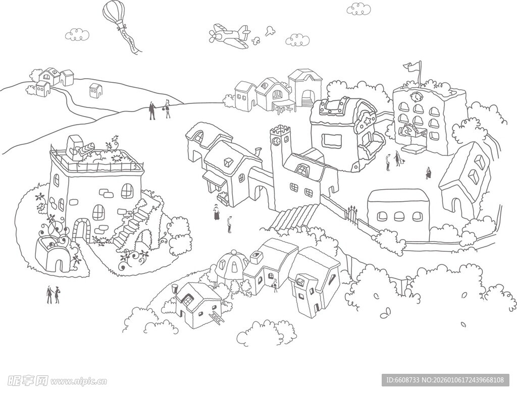 儿童趣味填色卡通场景图