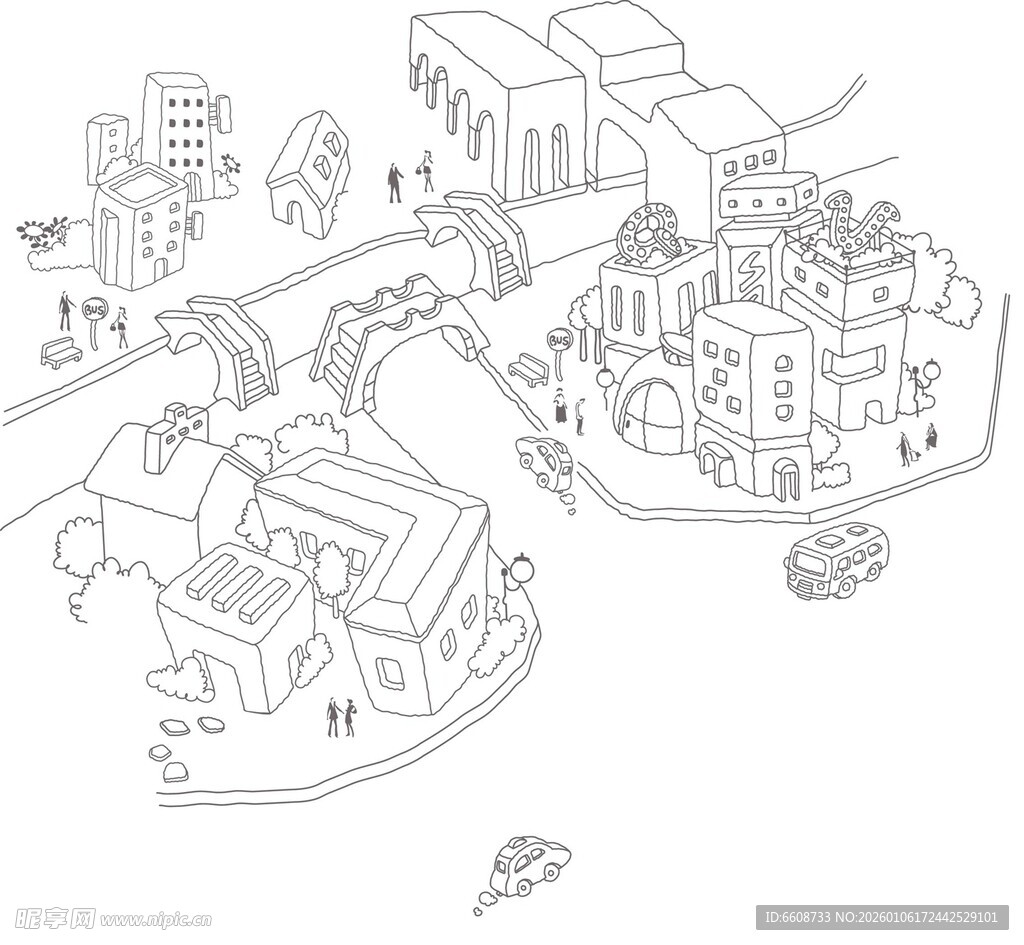 城市建筑线稿手绘示意图