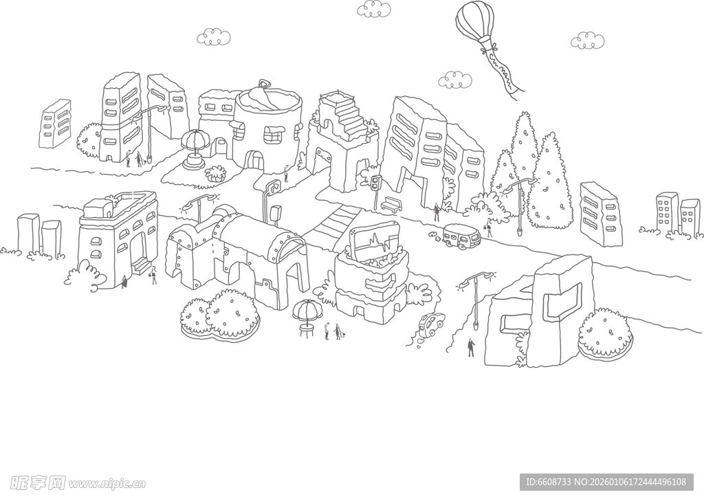 卡通风格城市街道简笔画