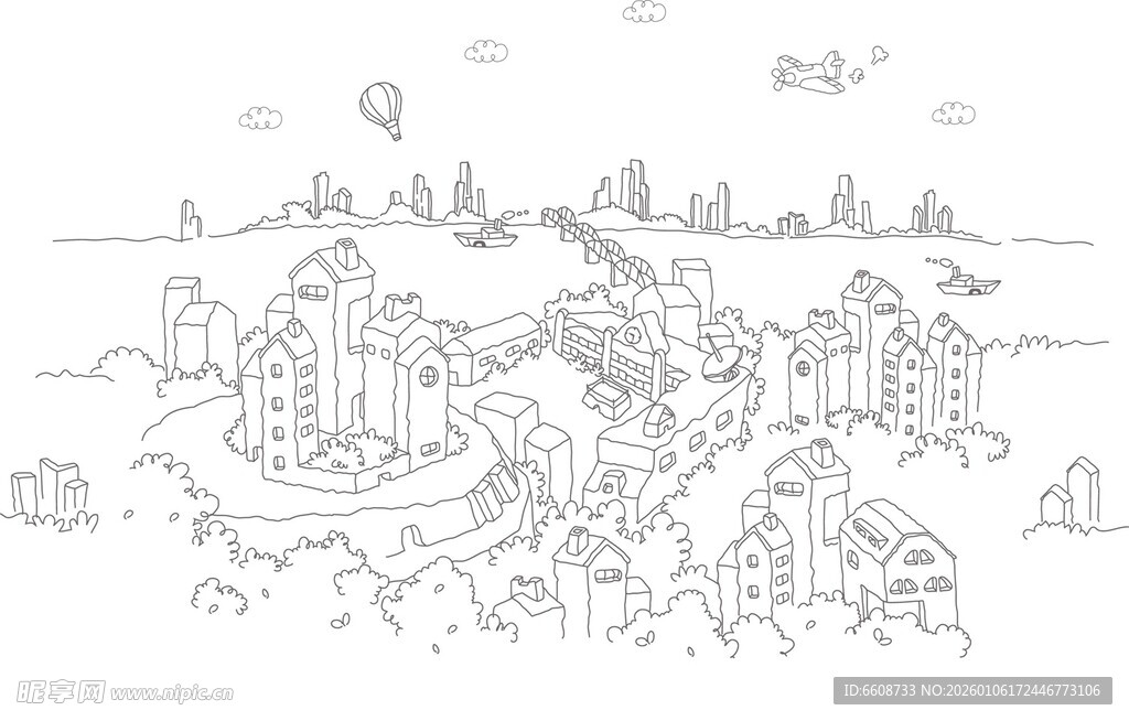 手绘城市景观图