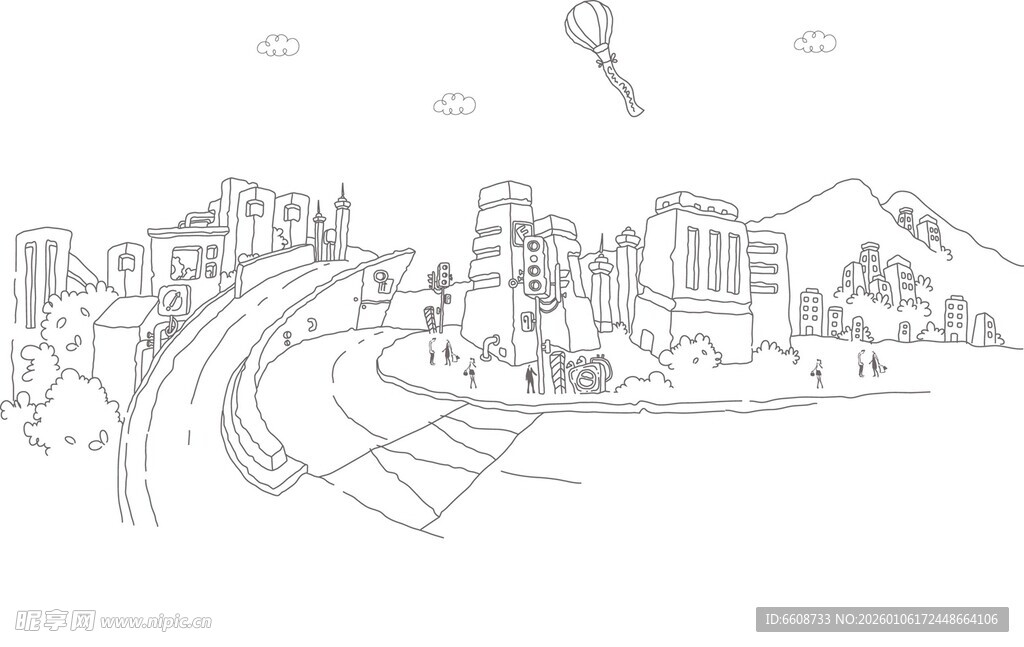 城市道路景观线稿图