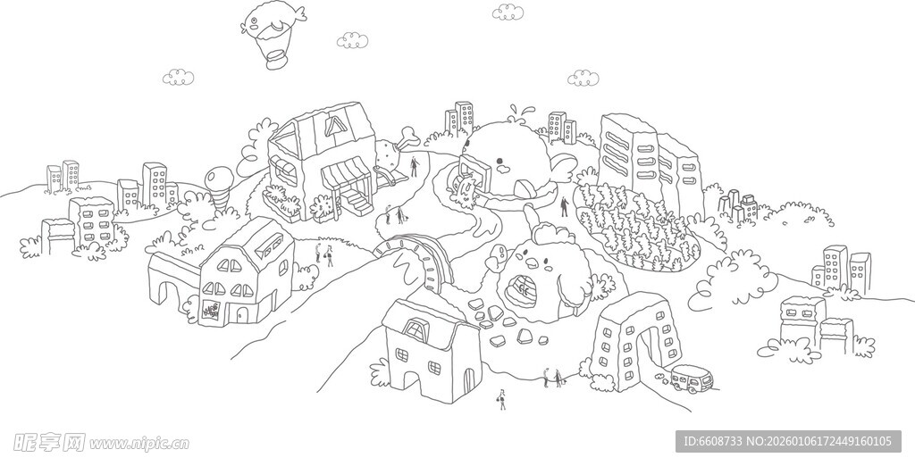 卡通动物聚会简笔画