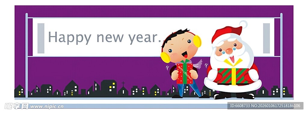 新年贺卡上的圣诞老人与女孩