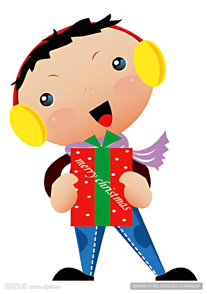 戴耳罩男孩手持礼物