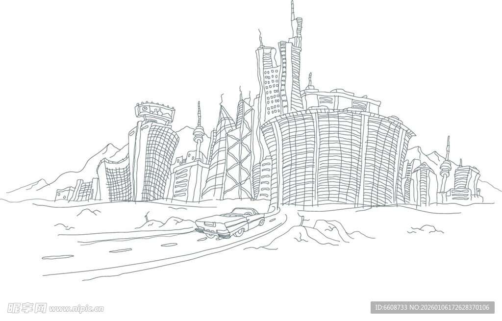 手绘风格的城市建筑景观