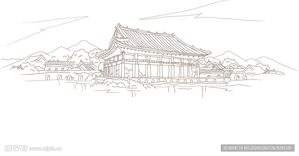 中式古建筑手绘风景