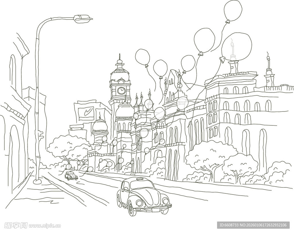 城市街道线描风景图