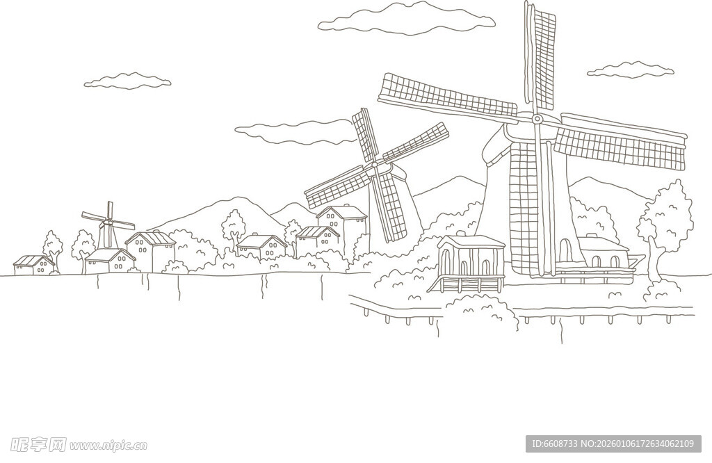 田园风车风景简笔画