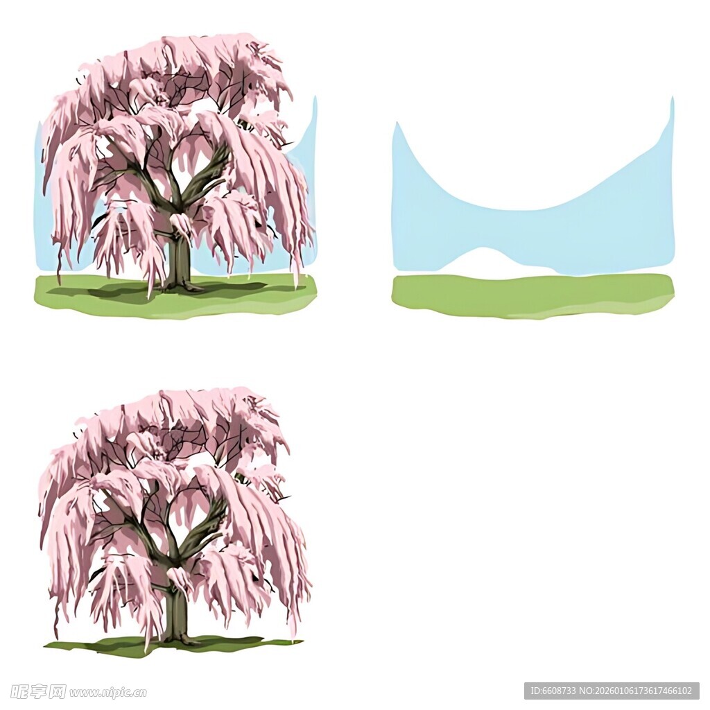 手绘粉色繁花树木素材