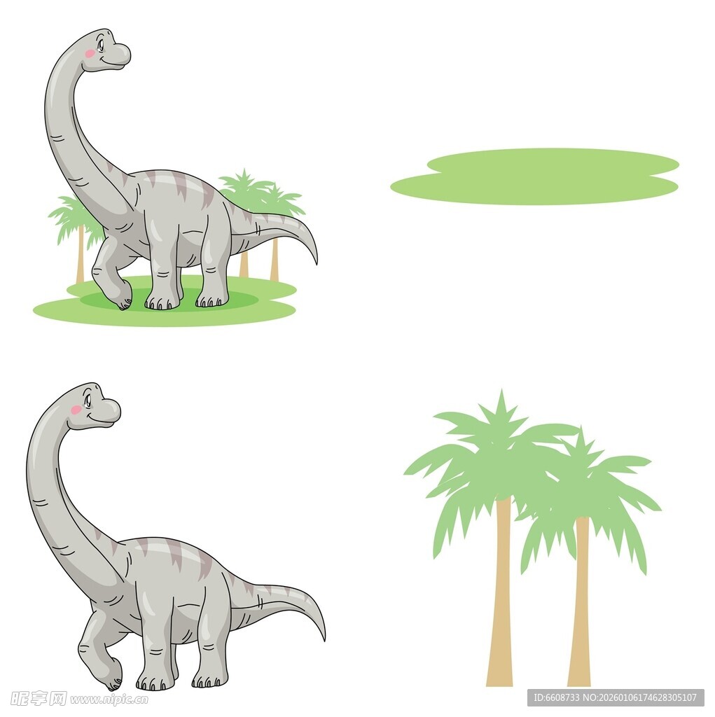 卡通恐龙与热带植物场景