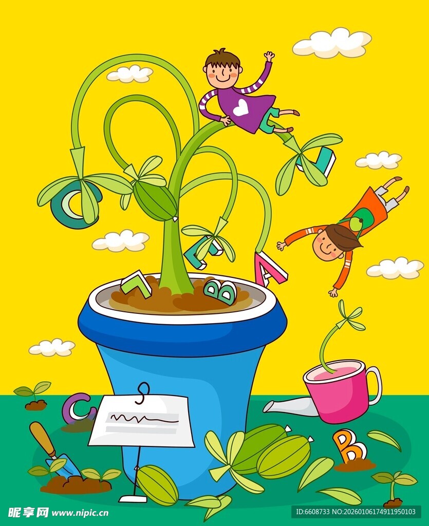 儿童在花盆旁欢乐玩耍