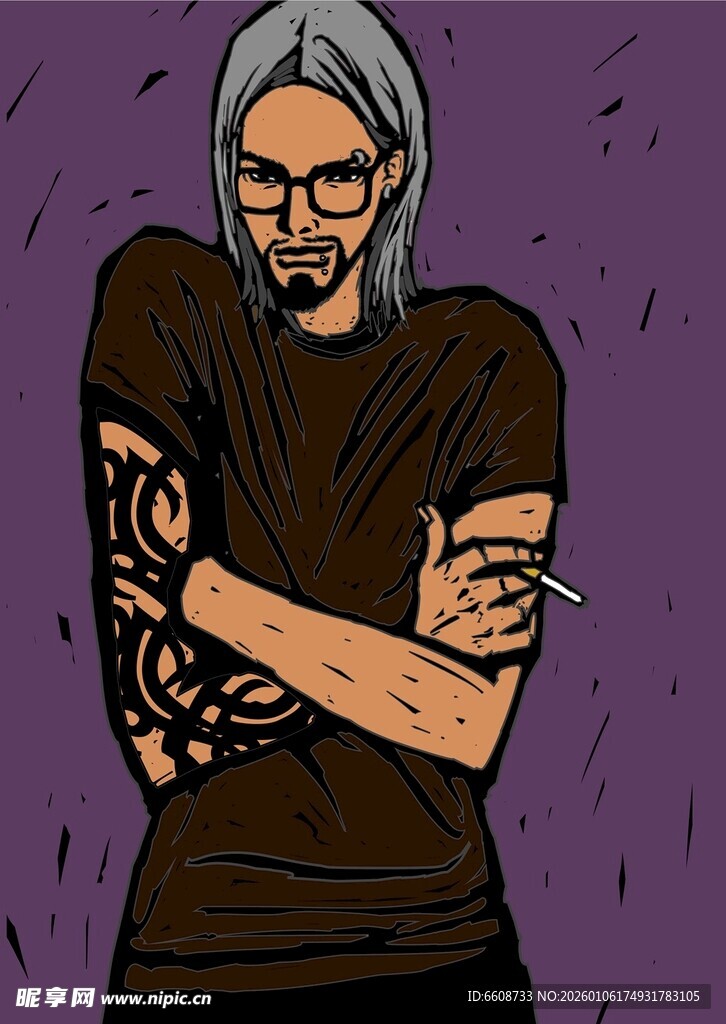 纹身男士抱臂站立