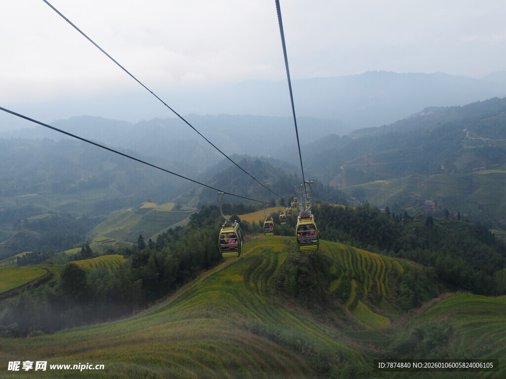 山间缆车穿梭于绿野云雾