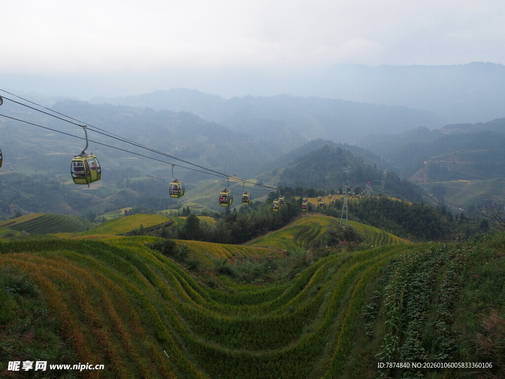 山间缆车穿梭于梯田美景