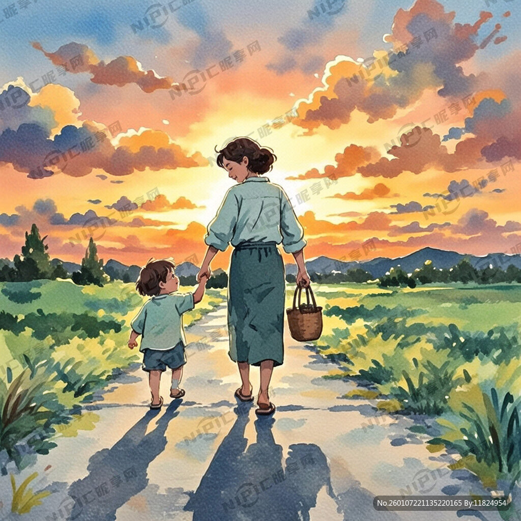 手绘水彩风格 在夕阳下走过小路