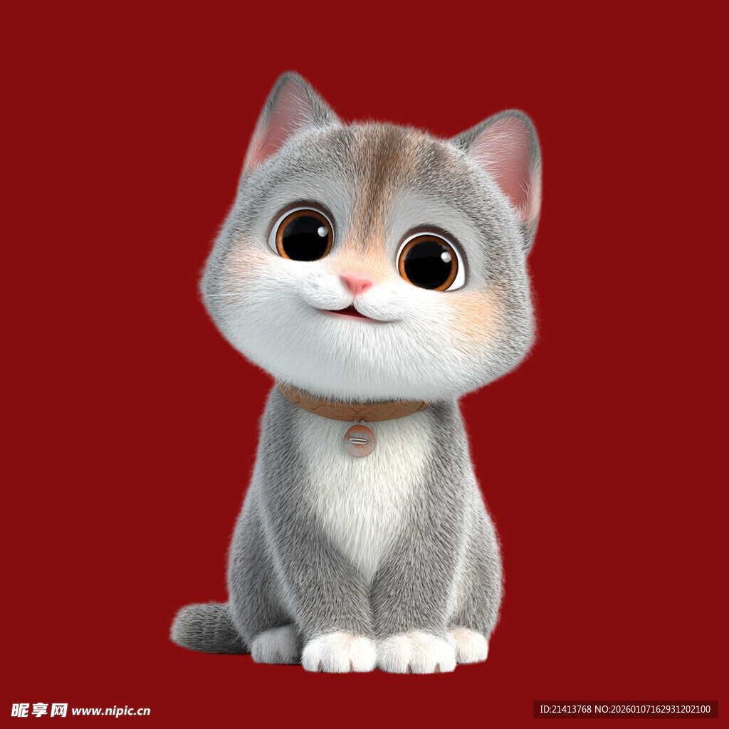 可爱灰猫坐于红背景前
