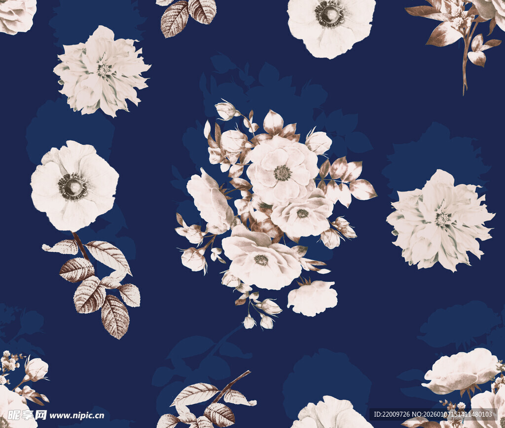 深蓝底白花精致花卉图案