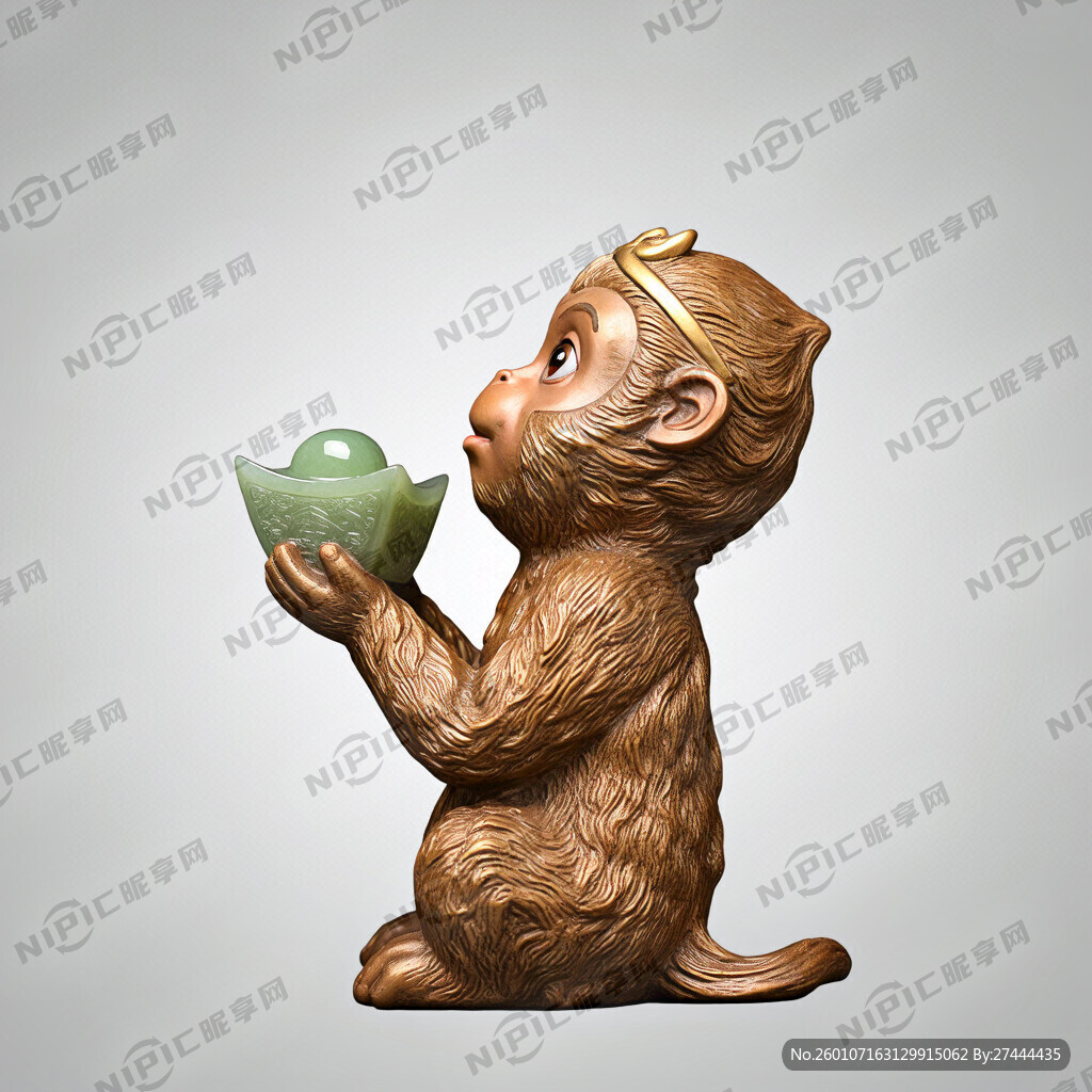 猴王 金猴 摆件 侧面 下蹲