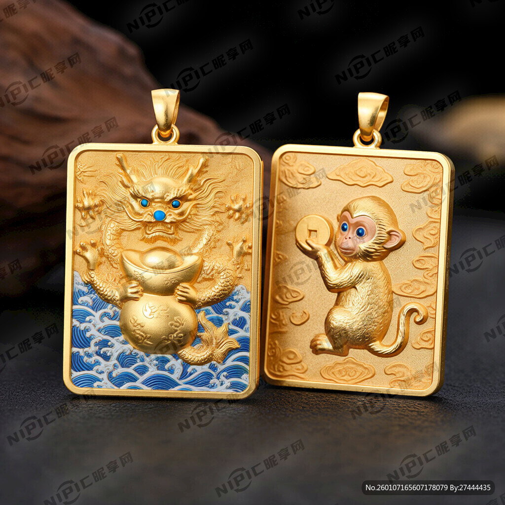 一个龙鼠猴三种动物的方形黄金吊