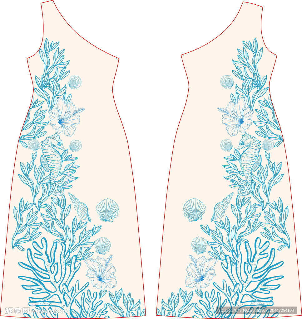 单肩花卉图案连衣裙设计图